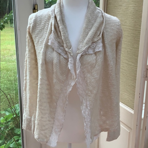 Lucky Brand Ivory Lacy Cardigan, Open Front Cardigan Sweater, Boho Cardigan - Picture 3 of 12